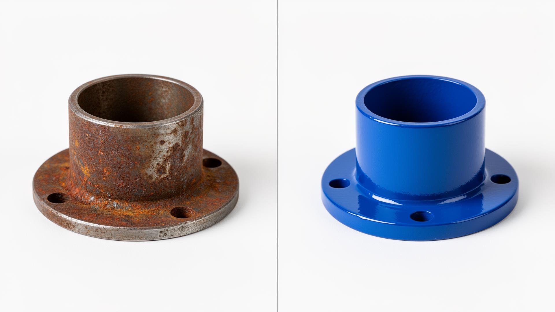 Antes e depois de peça de aço com pintura eletrostática azul